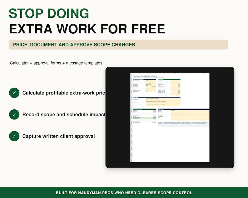 Handyman Change Order Template & Extra Work Pricing Calculator | Excel ...