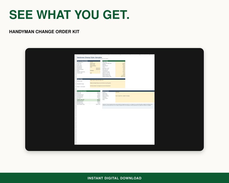 Handyman Change Order Template & Extra Work Pricing Calculator | Excel ...