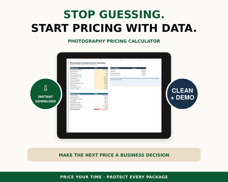 Photography Pricing Calculator | Excel Spreadsheet for Package Costs ...