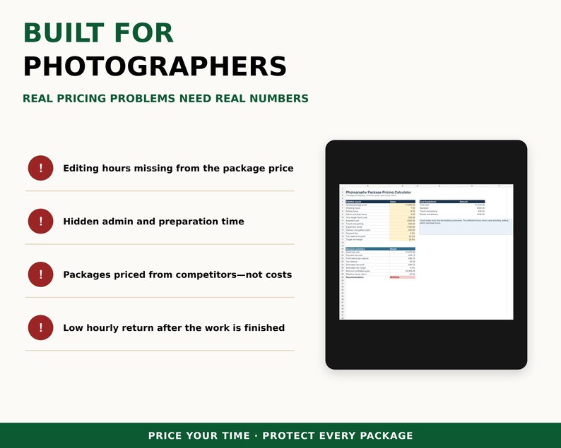 Photography Pricing Calculator | Excel Spreadsheet for Package Costs ...