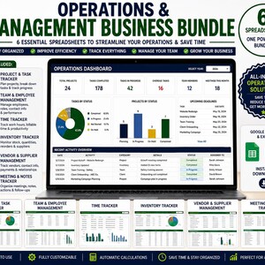 Può includere: Un pacchetto di gestione aziendale con un computer portatile che mostra una dashboard operativa con dati di monitoraggio di progetti, attività e inventario. Il pacchetto include sei fogli di calcolo per la gestione di progetti, team, tempo, inventario, fornitori e riunioni.