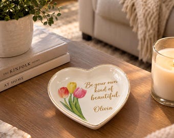Personalized Heart Trinket Tray, Custom Name Jewelry Dish, Floral Ring Holder