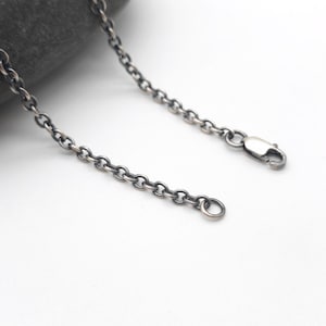 Può includere: Una catenina color argento ossidato scuro con maglie rotonde intrecciate. La catena presenta una chiusura a moschettone sicura a un'estremità e un piccolo anellino circolare all'altra, caratterizzata da una finitura metallica dall'aspetto vissuto.