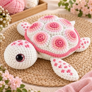 Op de afbeelding: Een gehaakt schildpad knuffeldier met een wit lichaam en roze en lichtroze cirkelvormige patronen op het schild. De schildpad heeft een groot, donker, glanzend oog en kleine roze stippen op de flippers en kop, gemaakt van garen.