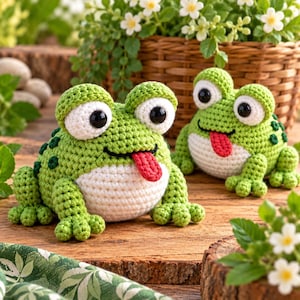 Virkat grodmönster, liten groda amigurumi PDF, söt groda plyschleksak