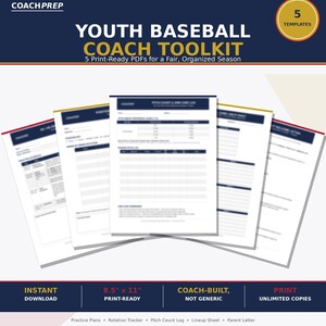 May include: A digital youth baseball coach toolkit featuring five print-ready PDF templates. The documents include a practice schedule, position rotation, pitch count log, lineup sheet, and parent letter, all formatted for 8.5 by 11 inch paper.