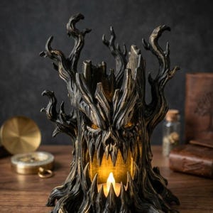 May include: A dark, weathered tree stump sculpture featuring a menacing face with sharp, jagged teeth and twisted branches. The hollow centre contains a warm, glowing LED candle that illuminates the interior, casting light through the mouth.