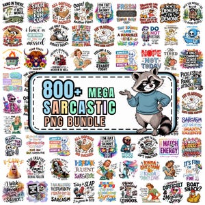 Op de afbeelding: Een digitale collectie van meer dan 800 sarcastische grafische ontwerpen met diverse stripfiguren, skeletten, dieren en humoristische tekstzinnen, gecentreerd rond een groot rechthoekig label met een illustratie van een wasbeer.