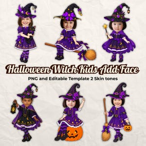 Könnte beinhalten: Sechs digitale Illustrationen von Kindern in lila-schwarzen Hexenkostümen mit Hüten, inklusive Zubehör wie schwarzer Katze, Besen, Sternenstab, Laterne und Kürbis. Text: Halloween Witch Kids Add Face PNG and Editable Template 2 Skin tones.