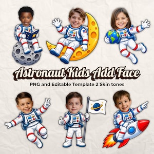 Puede incluir: Una colección digital de seis ilustraciones de astronautas de dibujos animados con rostros infantiles personalizables, incluyendo poses sentados en la luna, flotando con un globo terráqueo, sosteniendo una bandera y montando un cohete, con el texto Astronaut Kids Add Face.