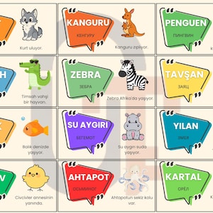 May include: A grid of twelve educational cards featuring colorful speech bubble icons, each displaying an animal name in Turkish and Russian, a cartoon illustration of the animal, and a short descriptive sentence in Turkish.