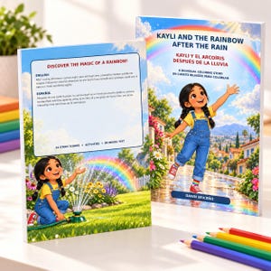 May include: Two copies of the bilingual colouring book titled Kayli and the Rainbow After the Rain by Dawn Briceño. The covers feature a young girl with dark braided hair wearing blue overalls and a yellow shirt, with rainbow illustrations.