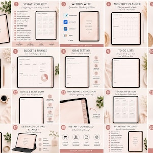 Può includere: Un set di planner digitali composto da venti pannelli che mostrano vari modelli, tra cui planner mensili, settimanali e giornalieri, tracker di budget, pagine per obiettivi, tracker di abitudini e strumenti di produttività con etichette come Ultimate Digital Planner.