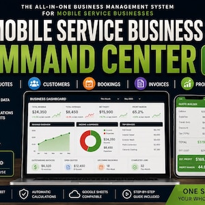May include: A digital business management system titled Mobile Service Business Command Center Pro, displayed on a laptop and smartphone screen. The interface features charts, financial data, and icons for quotes, customers, bookings, invoices, and profit.