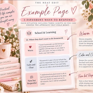 May include: A printed document titled The Neat Edit Example Page featuring three communication scripts for school and learning situations. The page includes sections for Warm, Calm and Clear, and Firm but Respectful responses with text.