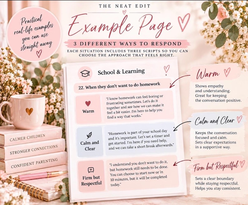 May include: A printed document titled The Neat Edit Example Page featuring three communication scripts for school and learning situations. The page includes sections for Warm, Calm and Clear, and Firm but Respectful responses with text.
