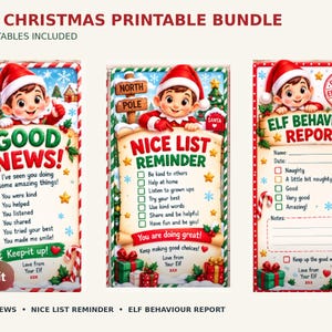 Peut inclure: Un ensemble de trois cartes de Noël à imprimer mettant en scène un personnage elfe. Les cartes sont intitulées Good News, Nice List Reminder et Elf Behaviour Report. Chaque carte inclut des cases à cocher, des graphismes festifs et de l'espace.