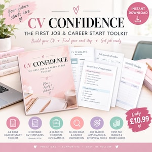 Peut inclure: Un kit de démarrage de carrière CV Confidence avec une page de couverture aux accents aquarelle roses et le texte Plan, Apply it, Achieve it. Comprend des pages imprimées pour un modèle de CV, un suivi de recherche d'emploi et un budget mensuel.