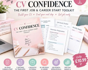 May include: A CV Confidence career start toolkit featuring a cover page with pink watercolor accents and the text Plan, Apply it, Achieve it. Includes printed pages for a CV template, job search tracker, interview preparation, and a monthly budget.