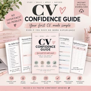 May include: A digital CV Confidence Guide document set featuring a main cover page, a skills finder checklist, a personal profile template, a CV template, and an application tracker. The design uses a soft pink and white color palette with black text, heart icons, and various instructional headings for students and young people.