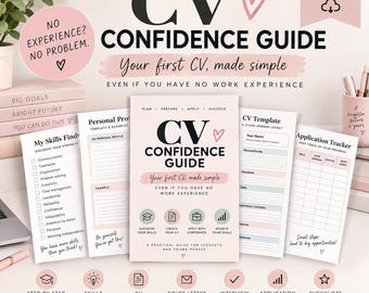 May include: A digital CV Confidence Guide document set featuring a main cover page, a skills finder checklist, a personal profile template, a CV template, and an application tracker. The design uses a soft pink and white color palette with black text, heart icons, and various instructional headings for students and young people.