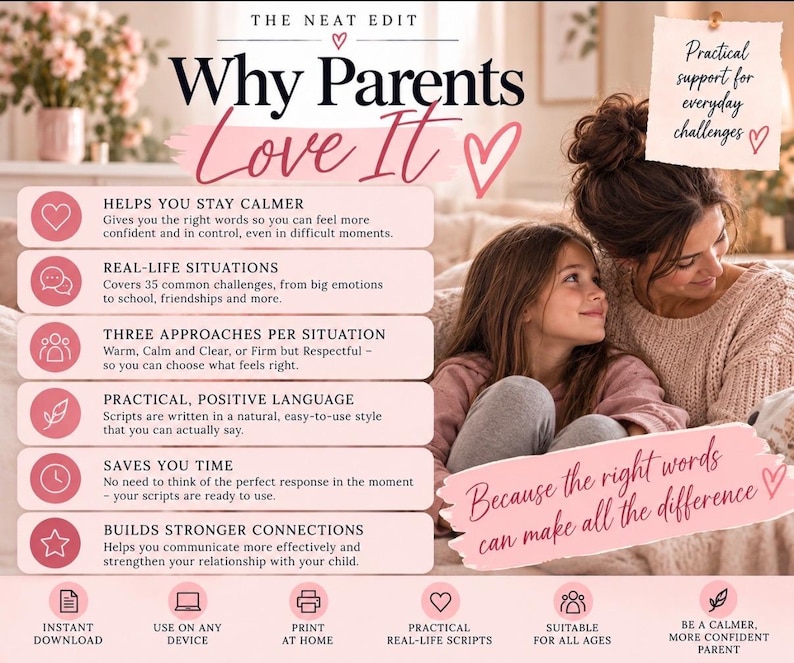 May include: An informational graphic titled The Neat Edit Why Parents Love It, featuring a list of benefits for parents including staying calmer, real-life situations, three approaches, practical language, time savings, and stronger connections.