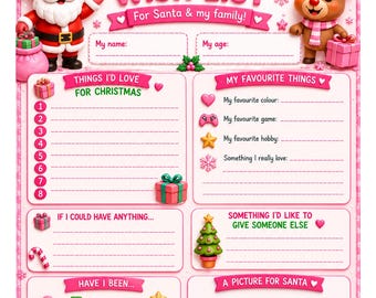 May include: A pink Christmas wish list template featuring Santa Claus and a reindeer. The text reads My Christmas Wish List, For Santa & my family, My name, My age, Things I'd love for Christmas, My favourite things, and A picture for Santa.