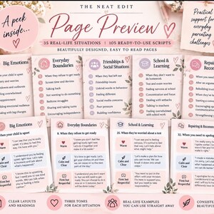 May include: A collection of parenting resource cards titled The Neat Edit, featuring 35 real-life situations and 105 scripts. The cards are printed on light pink paper with floral accents, organized into categories like Big Emotions, Everyday Boundaries, and School & Learning.