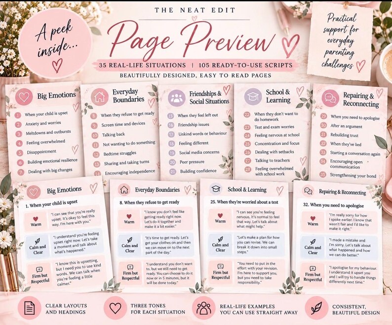 May include: A collection of parenting resource cards titled The Neat Edit, featuring 35 real-life situations and 105 scripts. The cards are printed on light pink paper with floral accents, organized into categories like Big Emotions, Everyday Boundaries, and School & Learning.