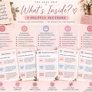 May include: A digital parenting guide titled The Neat Edit What's Inside? featuring 5 helpful sections, 35 real-life situations, and 105 ready-to-use scripts. The layout includes pink-toned cards with text on big emotions, boundaries, and social situations.