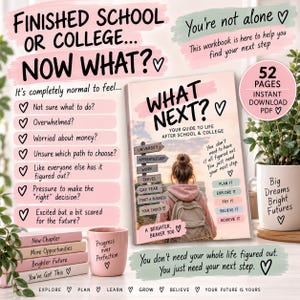 Peut inclure: Un cahier d'exercices numérique de 52 pages intitulé WHAT NEXT? YOUR GUIDE TO LIFE AFTER SCHOOL & COLLEGE, avec une couverture montrant une personne portant un sac à dos face à un panneau. Inclut un mug rose et des livres empilés.
