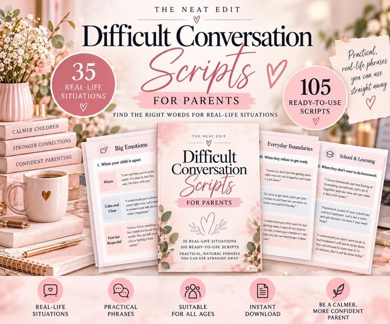 May include: A book titled Difficult Conversation Scripts for Parents with a pink floral cover, surrounded by printed pages showing scripts for Big Emotions, Everyday Boundaries, and School & Learning, plus text icons for 35 situations and 105 scripts.
