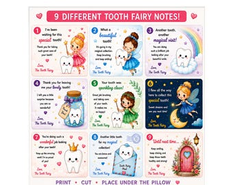 May include: A digital sheet featuring 9 different Tooth Fairy notes with colorful illustrations of fairies, teeth, and stars. Each note includes text messages from the Tooth Fairy, such as 'I've been waiting for this special tooth' and 'Another magical visit'.