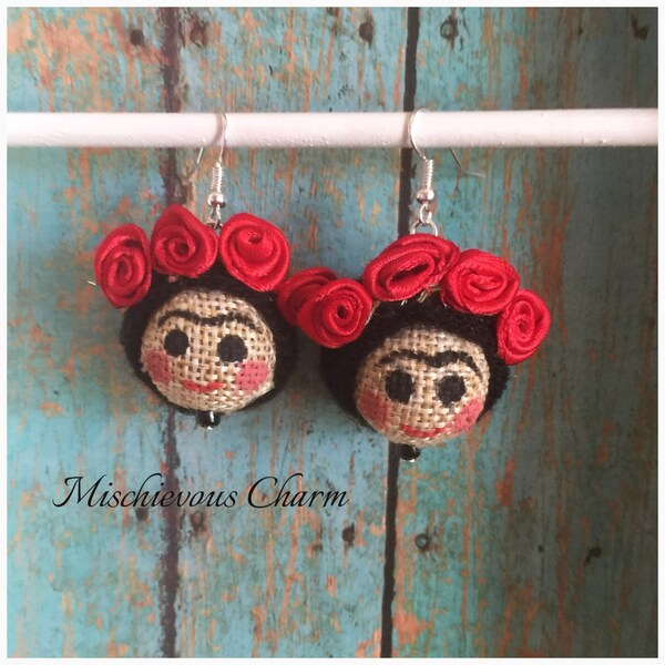 Frida Kahlo Doll Head Inspired Burlap handmade earrings