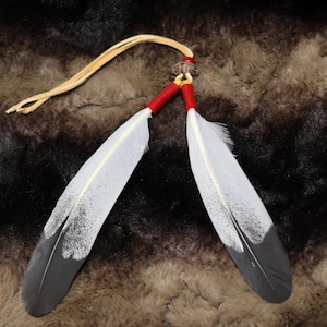 May include: Two white feathers with dark gray tips and speckled patterns, joined at the base by red thread wrappings and a clear bead. A light tan leather cord extends from the top, providing a hanging loop for this decorative ornament.