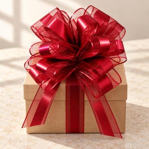 May include: A square cardboard gift box in a natural tan color, wrapped with a deep red ribbon. The ribbon is tied into a large, multi-layered decorative bow on top, featuring a combination of sheer and solid red fabric textures and long tails.