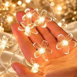 Puede incluir: Una cadena de luces LED con cubiertas transparentes en forma de flor de cinco pétalos. Cada carcasa de flor está hecha de un material translúcido que brilla con una luz blanca cálida, conectada por un cable fino, flexible y transparente.