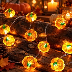 Peut inclure: Une guirlande lumineuse LED composée d'ampoules translucides en forme de citrouille orange avec des tiges vertes. Les citrouilles sont reliées par un fil fin et transparent, chaque ampoule émettant une lumière chaude et éclatante.