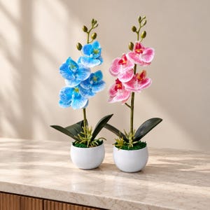 Könnte beinhalten: Zwei künstliche Orchideenpflanzen in kleinen, runden weißen Töpfen. Eine Pflanze hat leuchtend blaue Blüten mit dunklen Adern, während die andere zartrosa Blüten mit magentafarbenen Zentren zeigt. Beide Stängel haben grüne Knospen und dunkelgrüne Blätter.