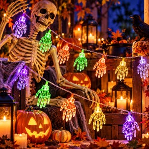 Könnte beinhalten: Eine LED-Lichterkette mit durchscheinenden Skeletthand-Abdeckungen in Lila, Grün, Orange und Gelb. Die Hände sind durch einen dünnen Draht verbunden und erzeugen einen dekorativen Beleuchtungseffekt mit mehreren Farben für eine festliche Dekoration.