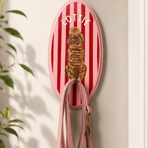 May include: An oval wall-mounted hook featuring a painted brown dog seen from behind, set against a background of vertical red and pink stripes. The name LOTTIE is written in white above the dog. A pink dog lead hangs from the metal hook.
