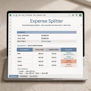 Expense Splitter Google Sheets Template | Roommate, Trip & Couple Bill Splitting Tracker | Instant Download