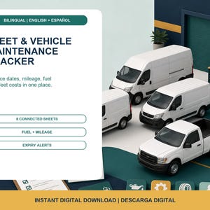 Puede incluir: Un documento digital de seguimiento de mantenimiento de flotas y vehículos con el texto FLEET & VEHICLE MAINTENANCE TRACKER, 8 CONNECTED SHEETS, FUEL + MILEAGE y EXPIRY ALERTS, junto a modelos 3D de furgonetas y camionetas blancas.