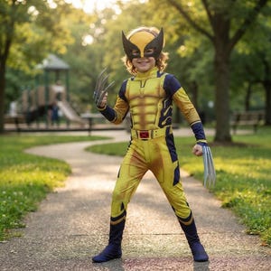 Peut inclure: Un costume de super-héros jaune et bleu marine comprenant une combinaison à manches longues avec des muscles imprimés, une ceinture assortie avec une boucle en X rouge, un masque noir et jaune, et deux accessoires de griffes en plastique argenté.