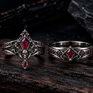 Gothic Ruby Couple Set, Matching Silver Wedding Bands, Skull Jewelry, Dark Romance Gift