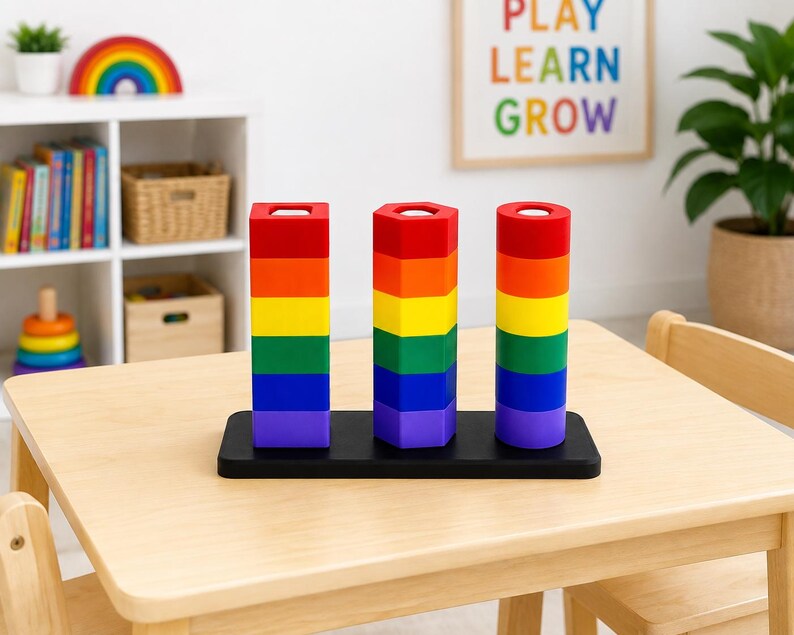 Op de afbeelding: Een houten speelgoedset met drie verticale stapels gekleurde blokken in rood, oranje, geel, groen, blauw en paars. De stapels zijn vierkant, zeshoekig en cilindrisch van vorm, allemaal gemonteerd op een rechthoekige zwarte basis.