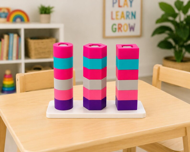 May include: A stacking toy featuring three vertical columns of colorful blocks on a white rectangular base. Each column consists of six blocks in shades of pink, teal, grey, and purple. The columns have circular, hexagonal, and square shapes.
