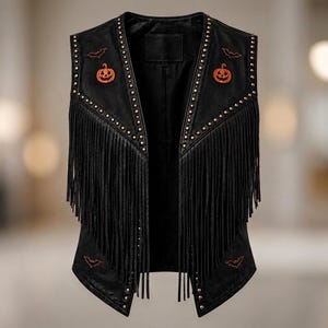 May include: A black sleeveless vest featuring long fringe detailing along the front panels. The vest is adorned with silver-toned metal studs along the edges and embroidered orange jack-o'-lantern and bat motifs on the chest and lower hem.