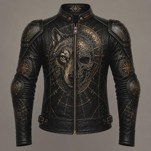 Könnte beinhalten: Eine schwarze Jacke mit einem goldfarbenen Grafikdruck, der ein Wolfsgesicht verschmolzen mit einem menschlichen Schädel zeigt. Das Design umfasst kompassartige Kreismuster, Metallnieten an Schultern und Ellbogen, einen Reißverschluss und Seitenschnallen.
