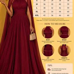 May include: A size chart for a floor-length burgundy gown with a high neckline and cape-style sleeves. The chart includes columns for bust, waist, hip, and length in inches for sizes XS to XXL, along with visual guides on how to measure.